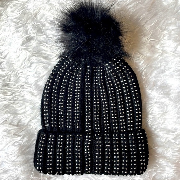 Brand New French Connection Black w/ Silver Tone Studs Pom Cable Knit Hat Beanie main image 8